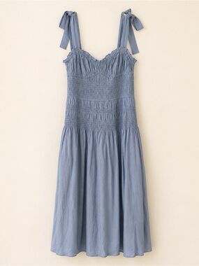 Moon River Blue Smocked Midi Dress with Tie Straps